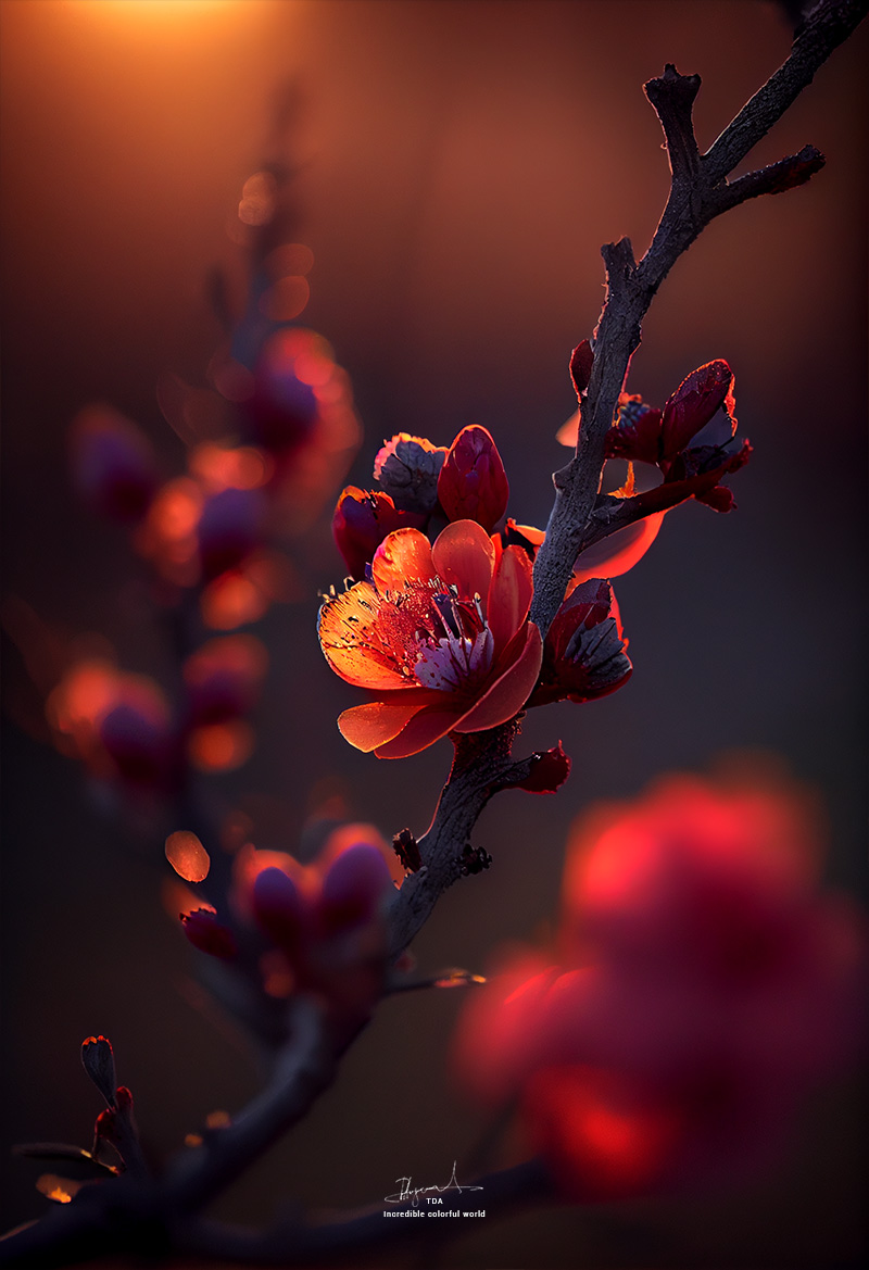Red plum blossom at sunrise