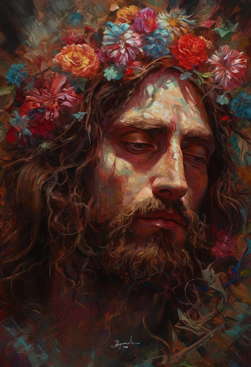 Jesus Christ with colored flower on his head