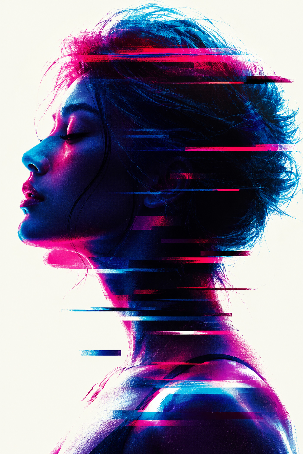 Woman in profile with blue and magenta glitch effects