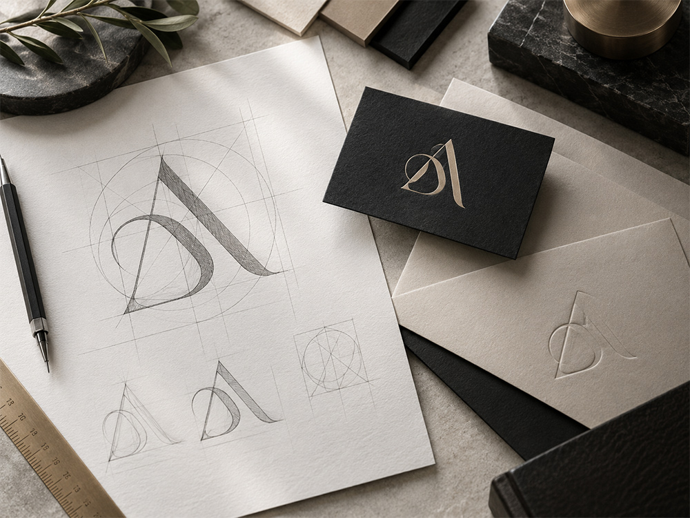 Logo sketches, business card and stationery